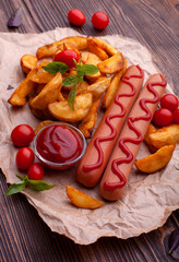 Delicious sausages with fried potatoes and ketchup on a wooden table