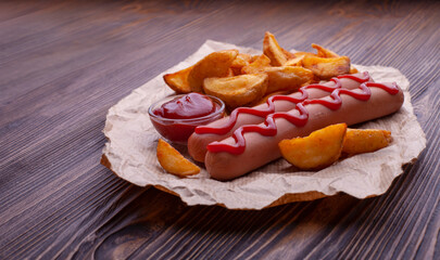 Delicious sausages with fried potatoes and ketchup on a wooden table