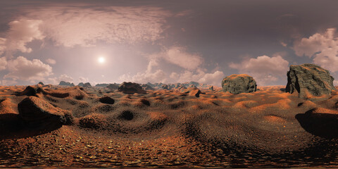 Fototapeta na wymiar landscape of planet Mars, 8K HDRI map, spherical panorama background, light source environment (3d equirectangular rendering)