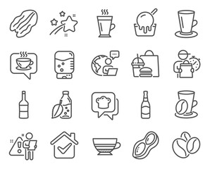 Food and drink icons set. Included icon as Pecan nut, Beer bottle, Peanut signs. Ice cream, Coffee cup, Mocha symbols. Water bottle, Water cooler, Cooking hat. Coffee, Wine, Latte. Teacup. Vector