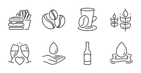 Water care, Burger and Water splash line icons set. Gluten free, Coffee cup and Wedding glasses signs. Beer, Coffee-berry beans symbols. Aqua drop, Cheeseburger, Bio ingredients. Vector