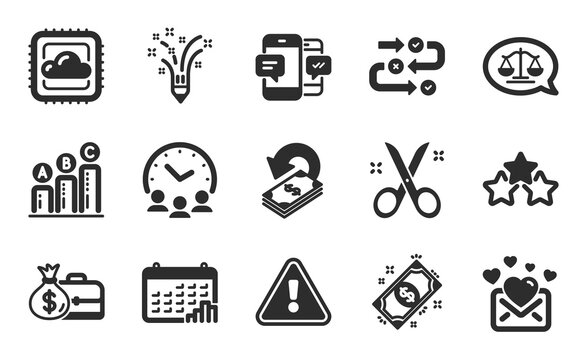 Love mail, Meeting time and Cloud computing icons simple set. Cashback, Smartphone sms and Salary signs. Survey progress, Graph chart and Inspiration symbols. Flat icons set. Vector