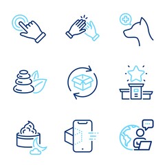 Business icons set. Included icon as Return parcel, Clapping hands, Night cream signs. Touchscreen gesture, Spa stones, Veterinary clinic symbols. Augmented reality, Winner podium. Vector