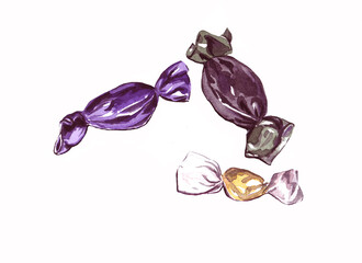 Three sucking candies, painted in watercolor on a white background. Stock drawing.
