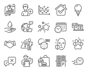 Business icons set. Included icon as Dot plot, Ice cream, Pet friendly signs. Handshake, Calendar time, Augmented reality symbols. Parking place, Report document, Add person. Reject. Vector