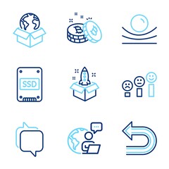 Technology icons set. Included icon as Undo, Startup, Delivery service signs. Ssd, Messenger, Customer satisfaction symbols. Bitcoin, Elastic material line icons. Left turn, Innovation. Vector