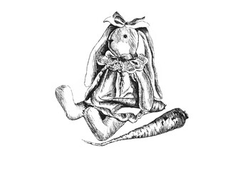 A toy bunny, next to it lies a carrot vegetable, drawn with a black pen on a white background. Stock drawing.