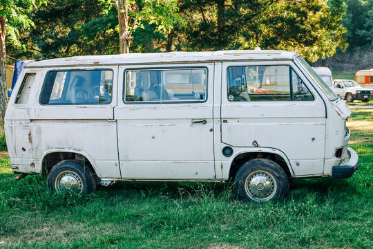 Vintage Bus T3 on campground in New Zealand