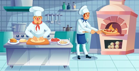 Restaurant team character engaged in traditional italian pizza preparation process. Pizza maker kneading rolling dough at table, chef assistant baking fast food product in furnace stove