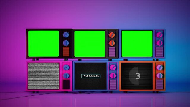 Pile of colorful 3d televisions with no signal and blank green screen monitor, move in and out shot, Abstract realistic mock up of cartoon vintage TV monitors.