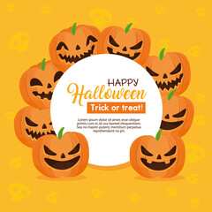 happy halloween banner and frame circular with pumpkins vector illustration design