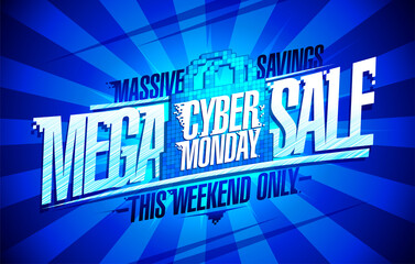 Syber monday mega sale, massive savings, this weekend only, vector web banner