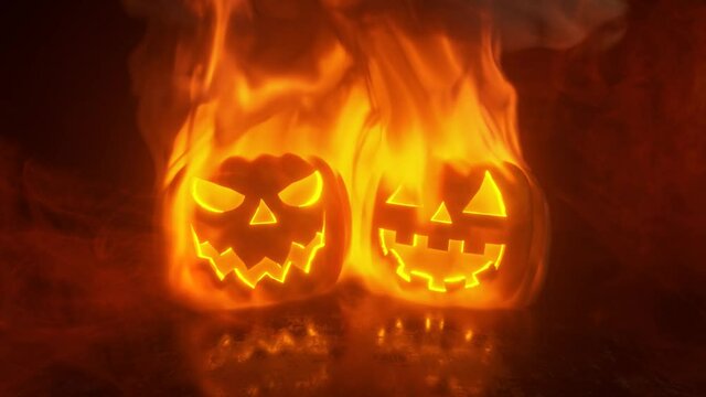 Halloween pumpkins are engulfed in powerful flames