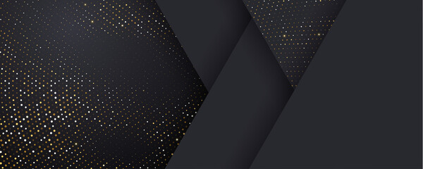 Background, black and gold halftone shine dots on geometric triangle pattern, vector. Golden confetti glitter on black gradient background, glittery polygon or 3d abstract card layout - obrazy, fototapety, plakaty