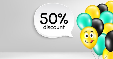 50% Discount. Smile balloon vector background. Sale offer price sign. Special offer symbol. Birthday balloon banner. Discount speech bubble. Celebrate background. Vector