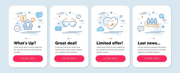Set of People icons, such as Teamwork, Eyeglasses, Yummy smile symbols. Mobile screen mockup banners. Queue line icons. Employees chat, Optometry, Comic heart. People waiting. Teamwork icons. Vector