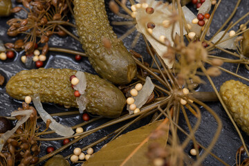 Extra Fine Cornichons - minuscule sour French pickles on natural stone background. Mini French style Gherkin Cucumbers.