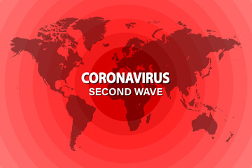 World map with an illustration of the spread of the second wave of coronavirus. Vector illustration.