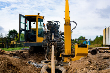 Horizontal directional drilling technology closeup. Drilling machine work process. Trenchless...