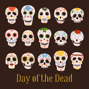 Day of the Dead Mexican painted skulls set. Hand drawn vector sketch illustration