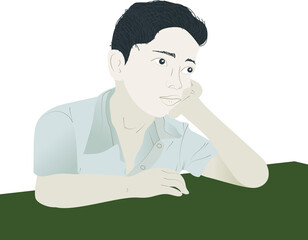 Child sits at the table and holds his head in his hand, Apathy and depression, human thinking