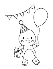 Birthday coloring page for children. Cute kawaii dinosaur with balloon and present. Vector cartoon character. Outline illustration.