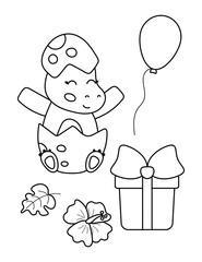 Coloring book for kids. Cute a small Tyrannosaurus baby with gift, balloon and flower. Happy birthday illustration.