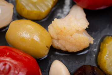 Mediterranean marinated veggie medley with olives preserved in natural sea salt brine.