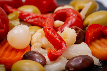 Mediterranean marinated veggie medley with olives preserved in natural sea salt brine.