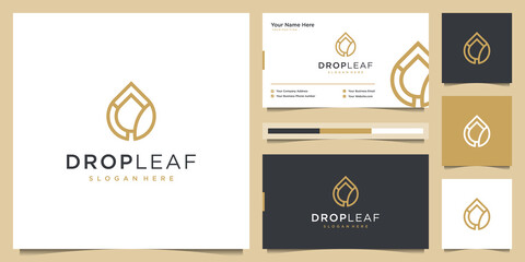 Beauty drop leaf logo design and business card. luxury logo oil with leaf liner concept.