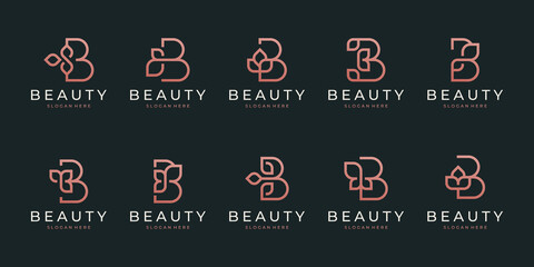 Initial letter b with abstract leaf element. minimalist line art monogram shape logo. typography decorative icon with letter b. uppercase initials. beauty, luxury spa, beauty salon, feminine symbol. © suneo_99