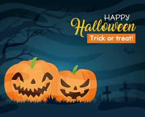 happy halloween banner with pumpkins, bats flying and dry tree vector illustration design