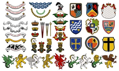 Vector heraldic set of illustration in vintage style with shield, crown, different beasts and knight helmet for design. Coat of arms generator. © moloko88