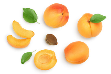 apricot fruit with half and slices isolated on white background. Clipping path. Top view. Flat lay