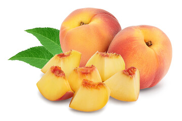 Ripe peach fruit with slices isolated on white background with clipping path and full depth of field