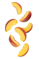 Fototapeta na wymiar falling ripe peach slices isolated on white background