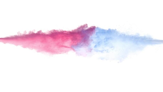 Super slow motion of coloured powder collision isolated on white background. Filmed on high speed cinema camera, 1000fps.