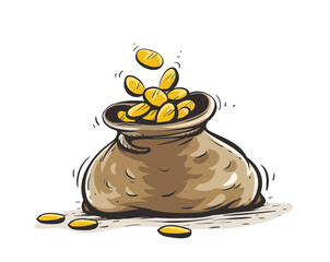 Full sack with gold coins. Hand drawn outline contour, draft isolated white background. Illustration. © LoopAll