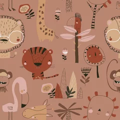 Fototapeten Seamless pattern with cartoon wild animals on brown background © Maria Starus