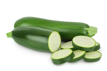 Fresh whole and sliced zucchini isolated on white background with clipping path and full depth of field