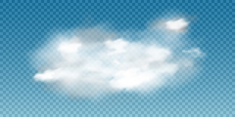 Realistic white cloud. Vector illustration of 3d smoke or fog. Natural cumulus cloud design element on transparent background for weather forecast.