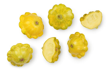 yellow pattypan squash isolated on white background. Top view with clipping path