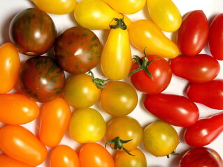 Red, yellow,orange and green cherry tomatoes background