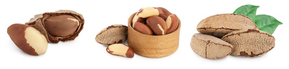 Brasil nuts in nutshell isolated on white background with clipping path and full depth of field. Set or collection