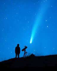 Astronomy lover with a telescope observing a comet in the blue starry sky at night. Silhouette of a...