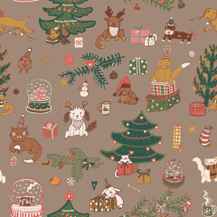 Winter Christmas seamless hand drawn vector pattern with pets animals: cats, dogs, rabbit.