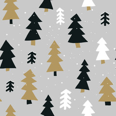 Christmas New Year seamless hand drawn vector pattern with  fir trees in the forest.