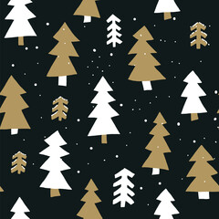 Obraz premium Christmas New Year seamless hand drawn vector pattern with fir trees in the forest.