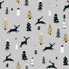 Obraz na płótnie Canvas Christmas New Year seamless hand drawn vector pattern with deers and fir trees in the forest.
