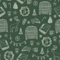 Winter Christmas warm cozy objects with deer, sweater, wreath, fir tree, lights, book, candle, star, snowflakes, coffee cup, mitten, plaid seamless hand drawn vector pattern.